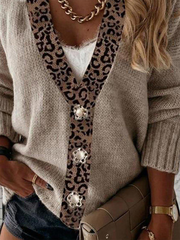 Plus size Leopard V Neck Casual Knitted Outerwear