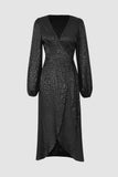 Jacquard Satin V-neck Wrap Tie Midi Dress