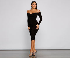 Penelope Off-The-Shoulder Ruched Midi Dresses