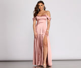 Cassia Lace-Up Back Off Shoulder Satin Dresses