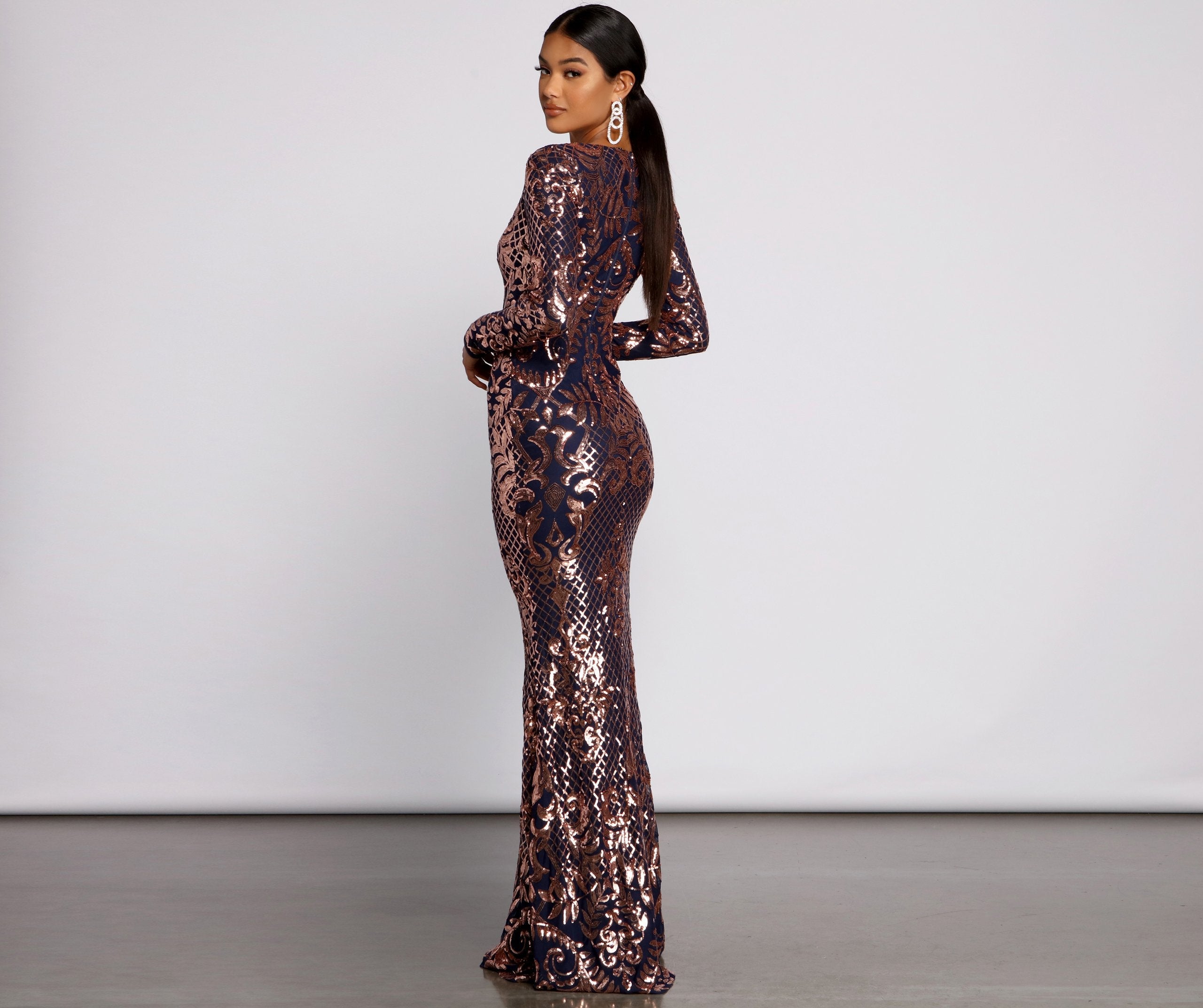Ayla Formal Long Sleeve Sequin Scroll Dresses