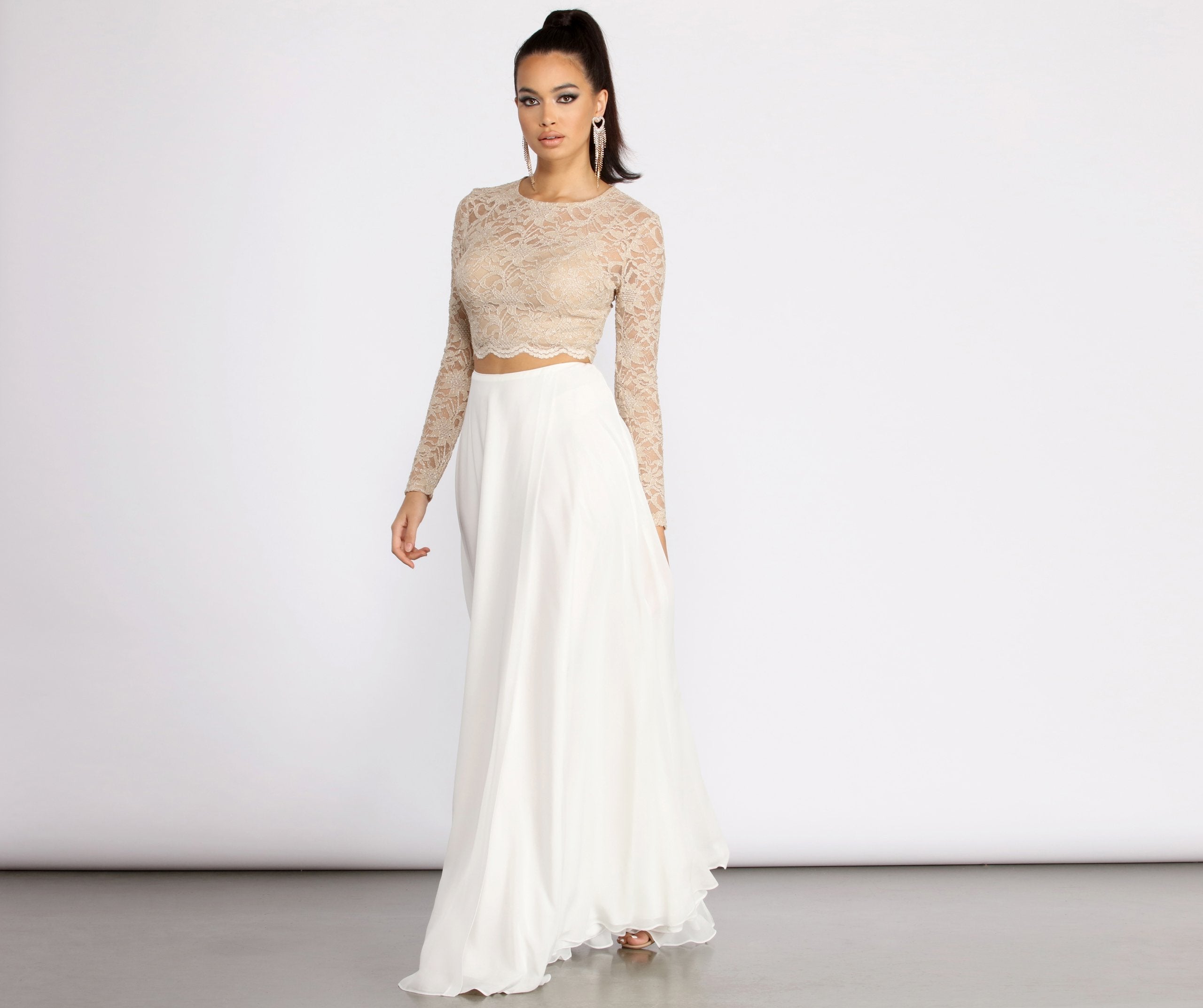 Baylee Scallop Glitter Lace Two Piece Chiffon Dress – Conean