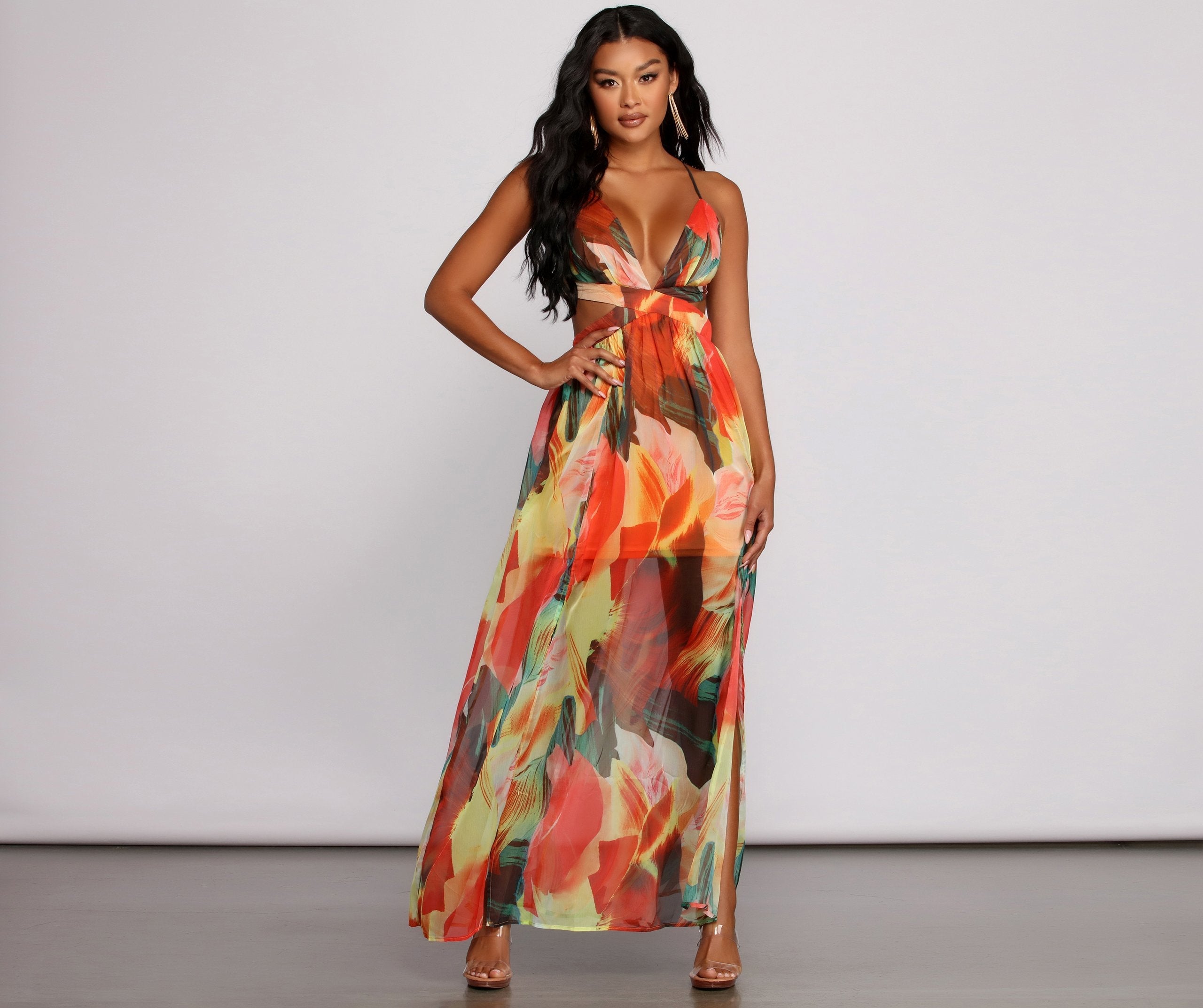 Brighter Vibes Lace-Up Chiffon Maxi Dresses