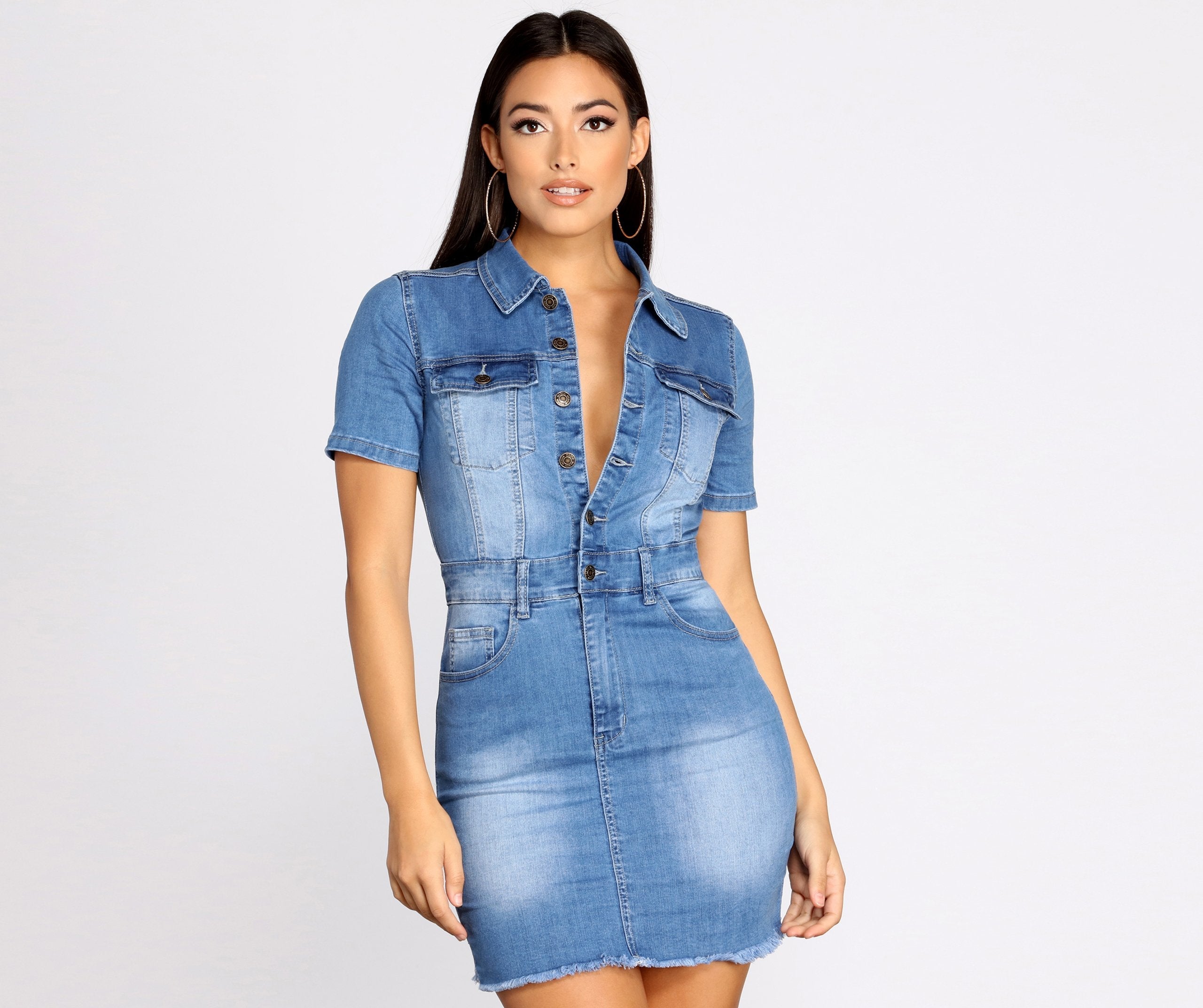 Button Up In Denim Frayed Dresses