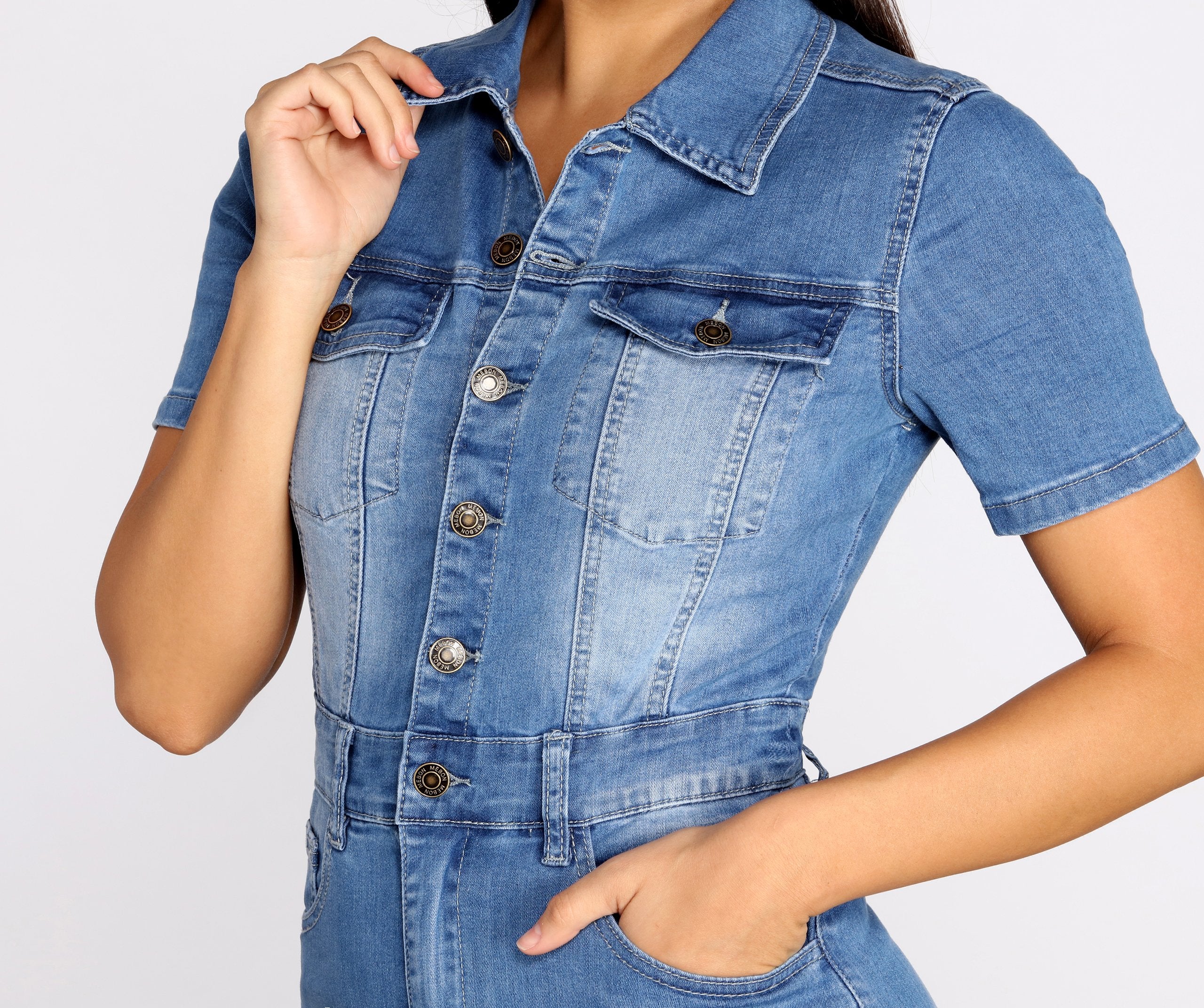 Button Up In Denim Frayed Dresses