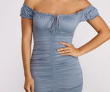 Oh So Dainty Ruffle Trim Off Shoulder Ruched Mini Dresses