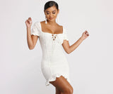 Ruffled Eyelet Puff Sleeve Mini Dresses