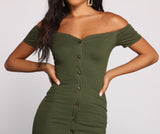 All Buttoned Up Off The Shoulder Midi Dresses