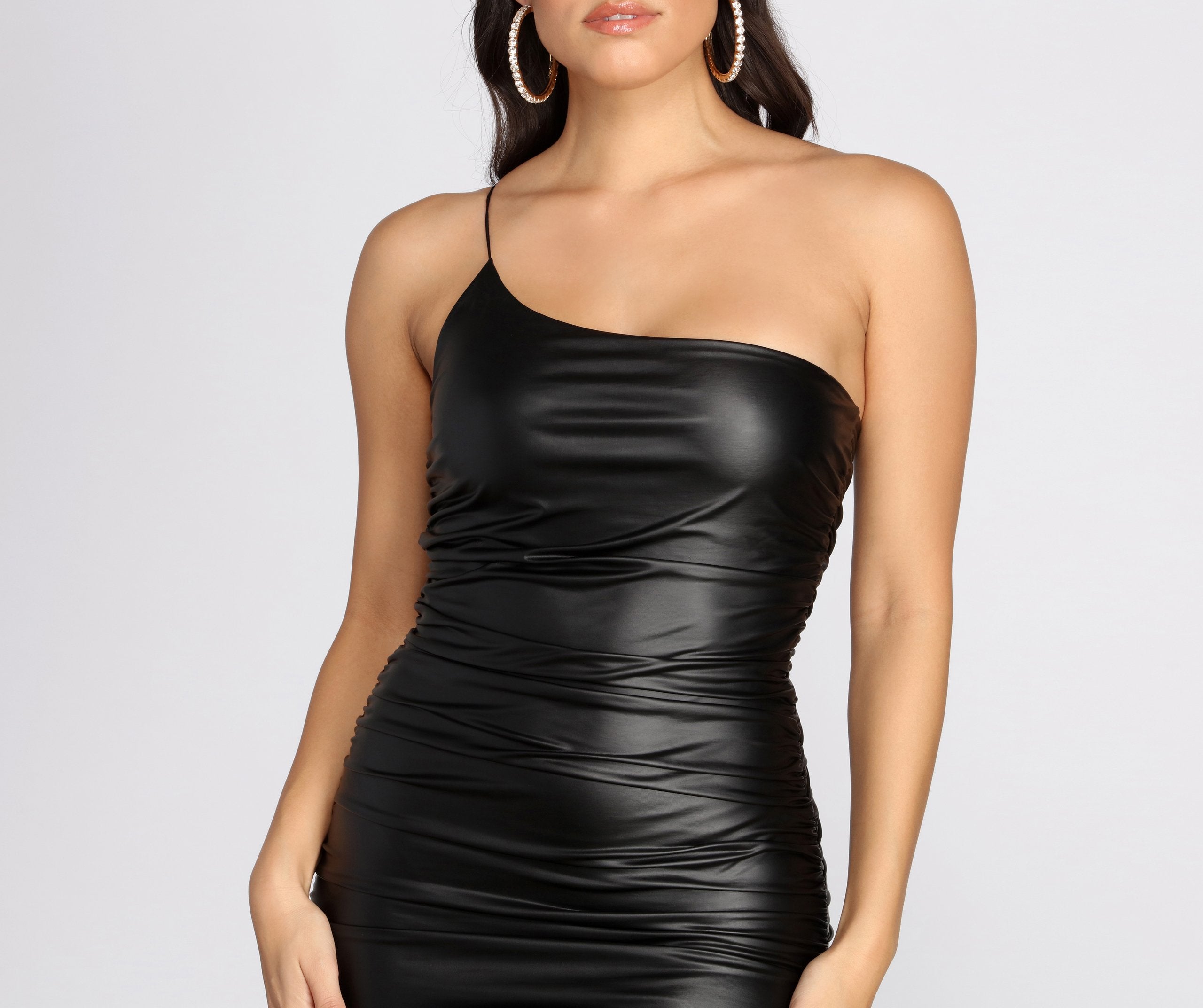One Shoulder Faux Leather Mini Dresses