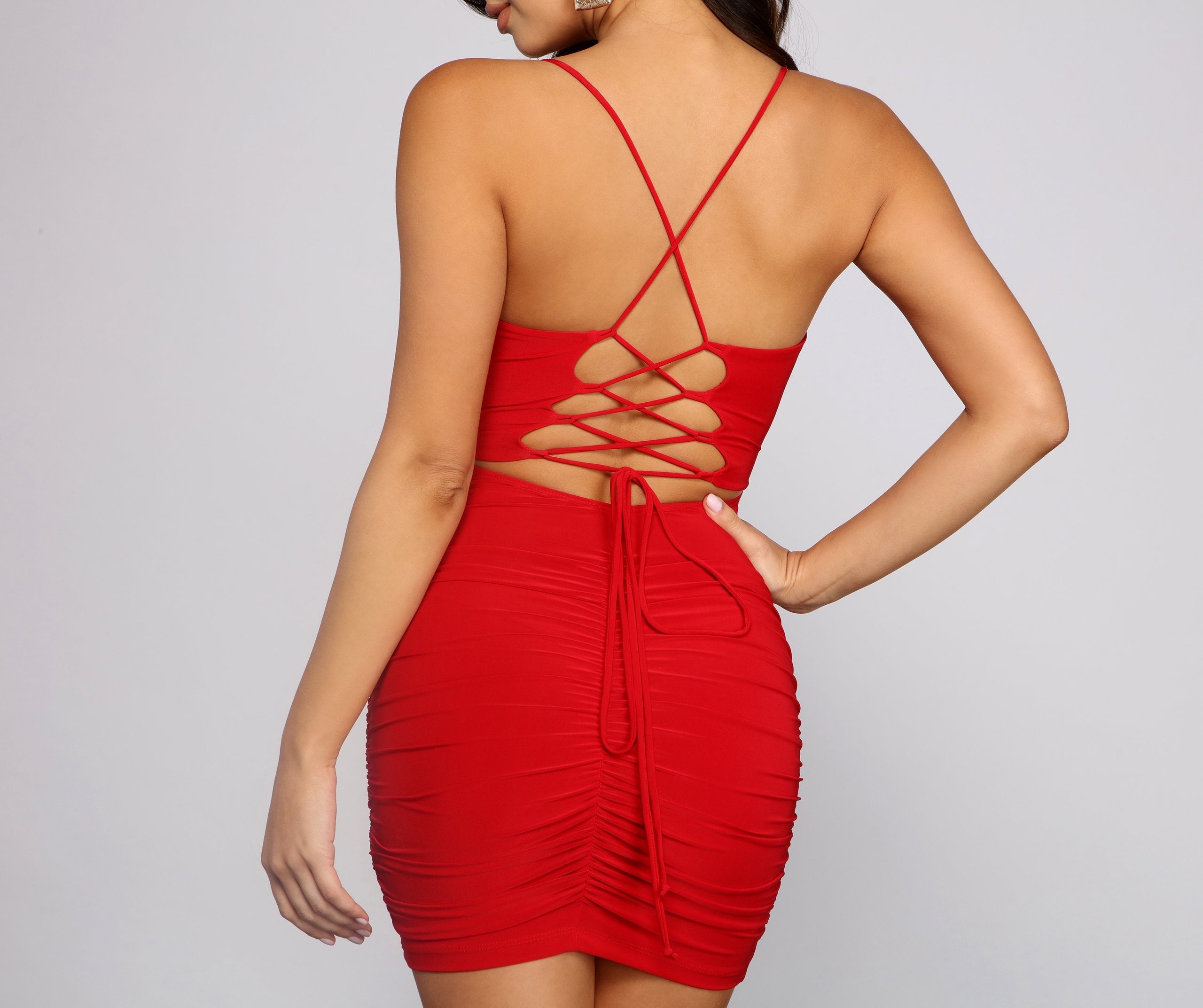 Ruched to The Max Lace Up Mini Dresses