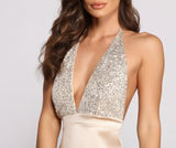 Satin and Sequin Halter Mini Dresses