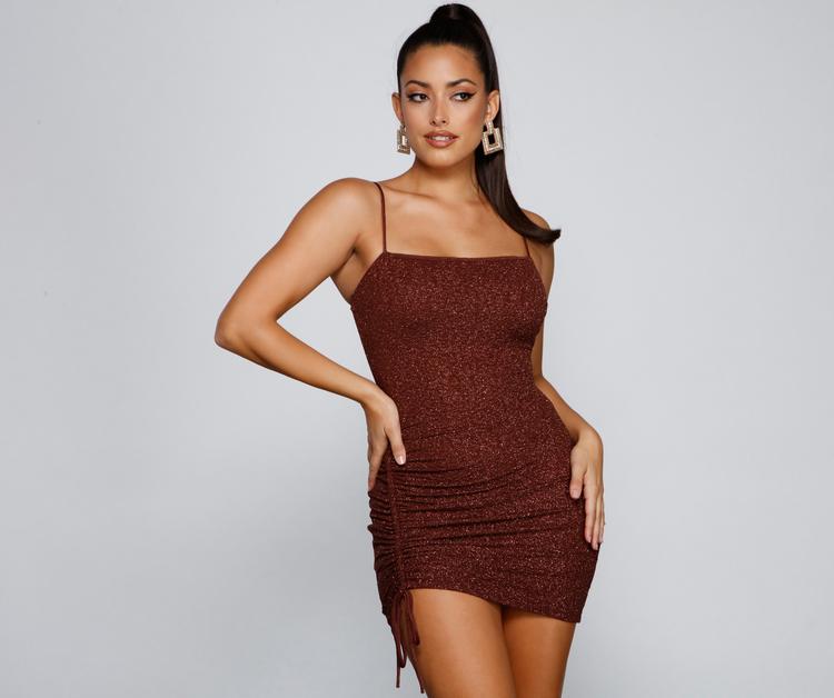 Shine On Ruched Glitter Mini Dresses