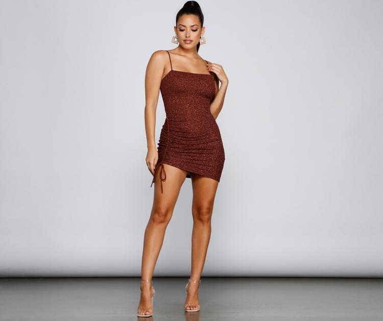 Shine On Ruched Glitter Mini Dresses