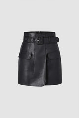 Faux Leather A-line Mini Skirt With Belt