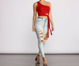 One Shoulder Tie Waist Crop Top