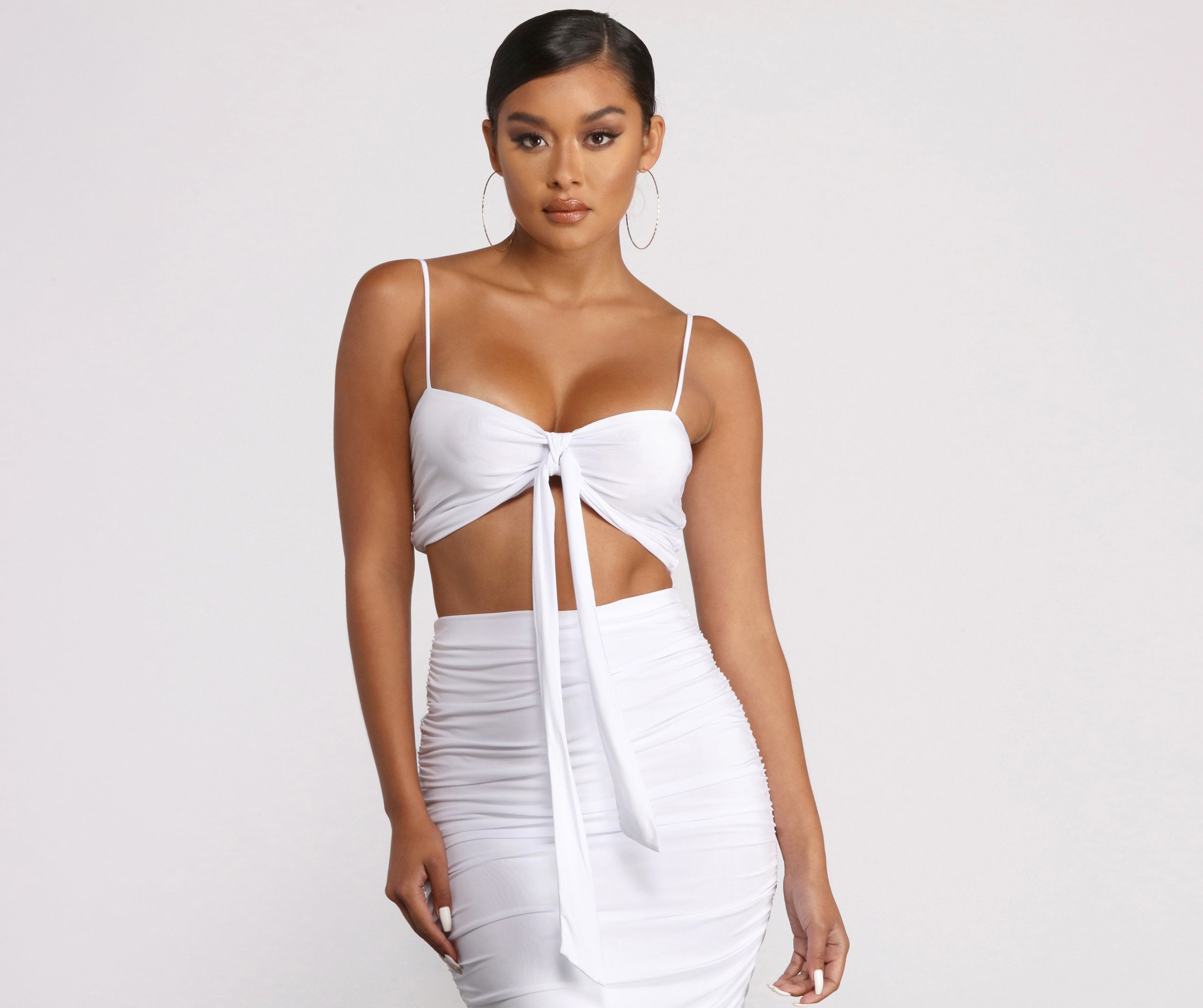 Cropped Ruched Tie Front Top