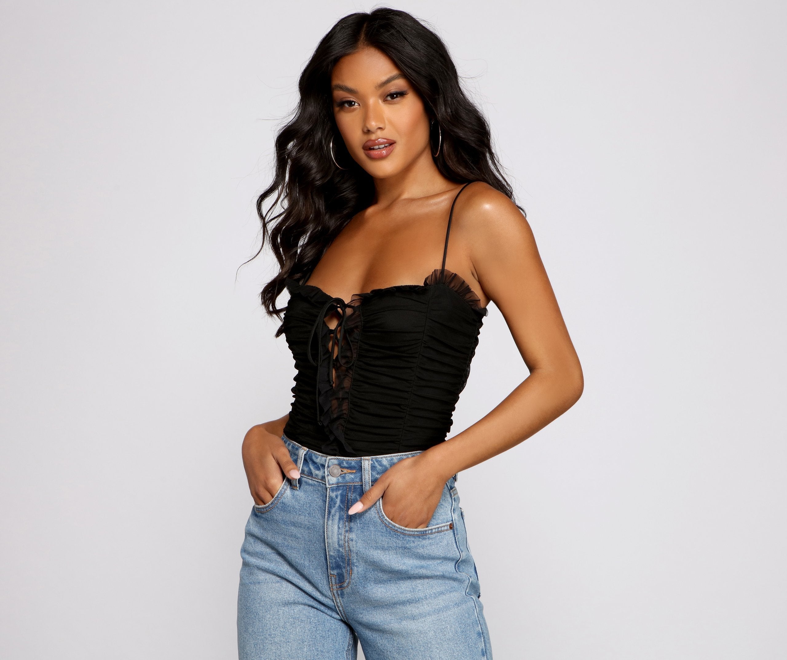 Ruched Ruffle Lace-Up Bodysuit