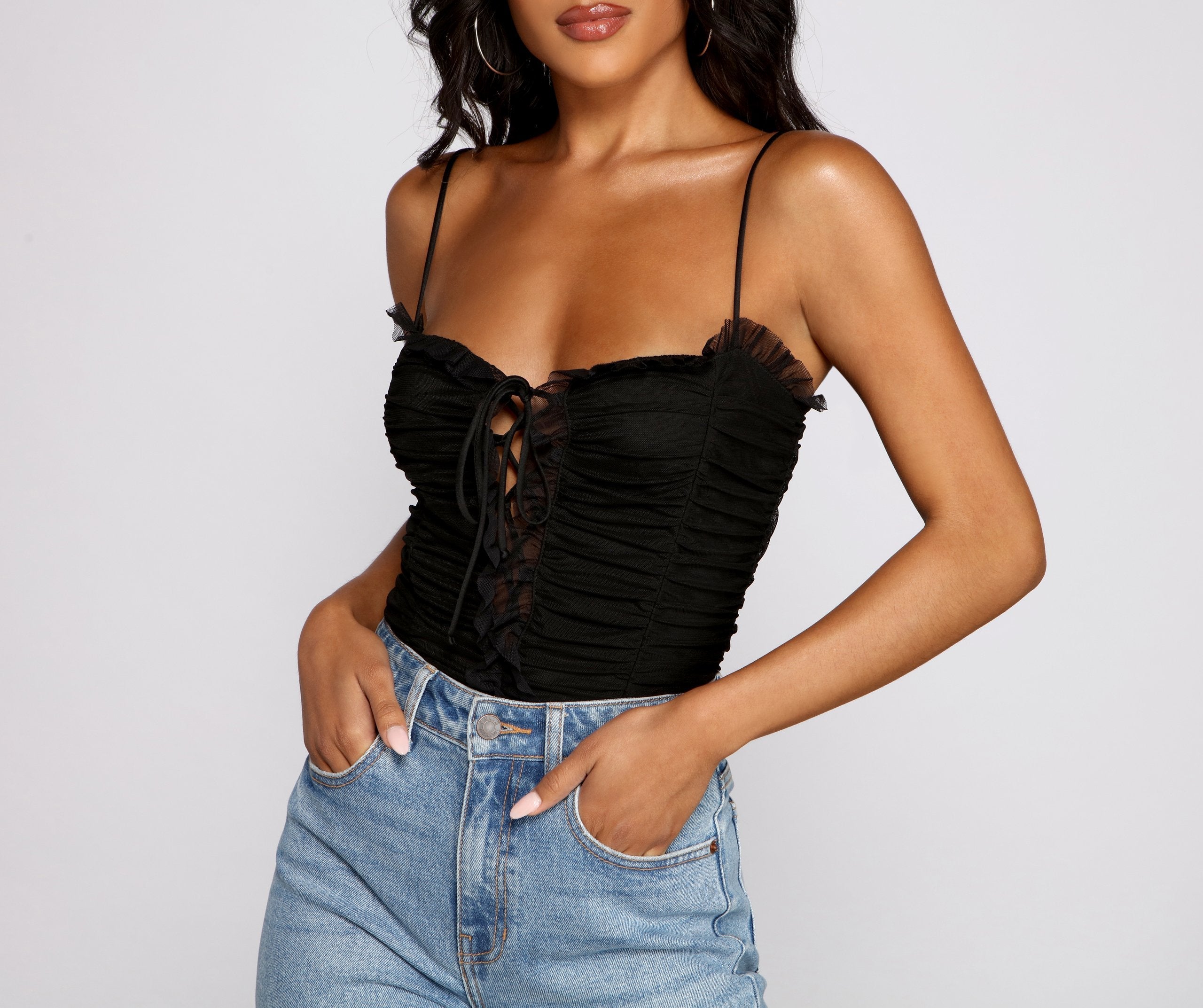 Ruched Ruffle Lace-Up Bodysuit