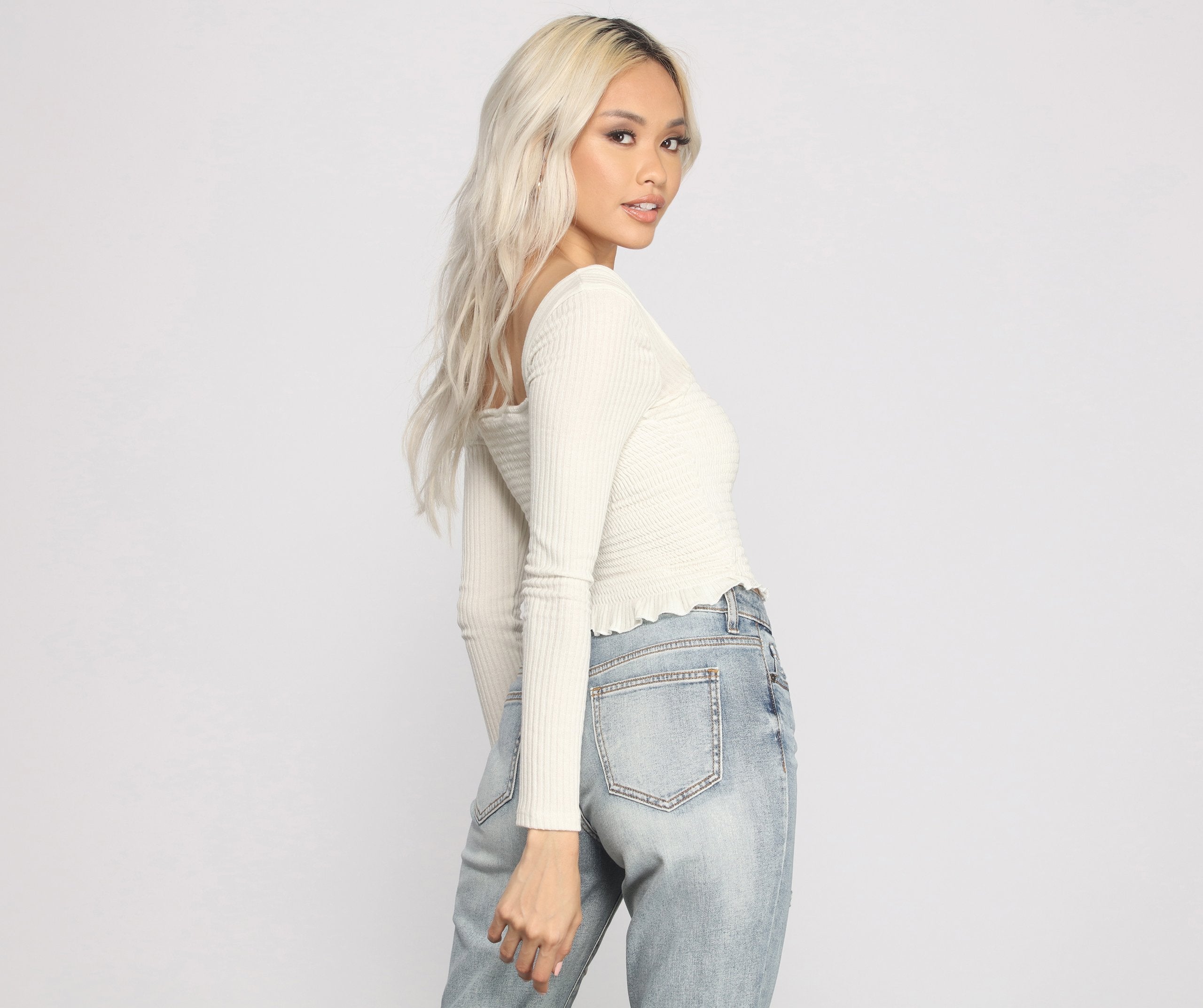 Ribbed And Smocked Square Neck Crop Top