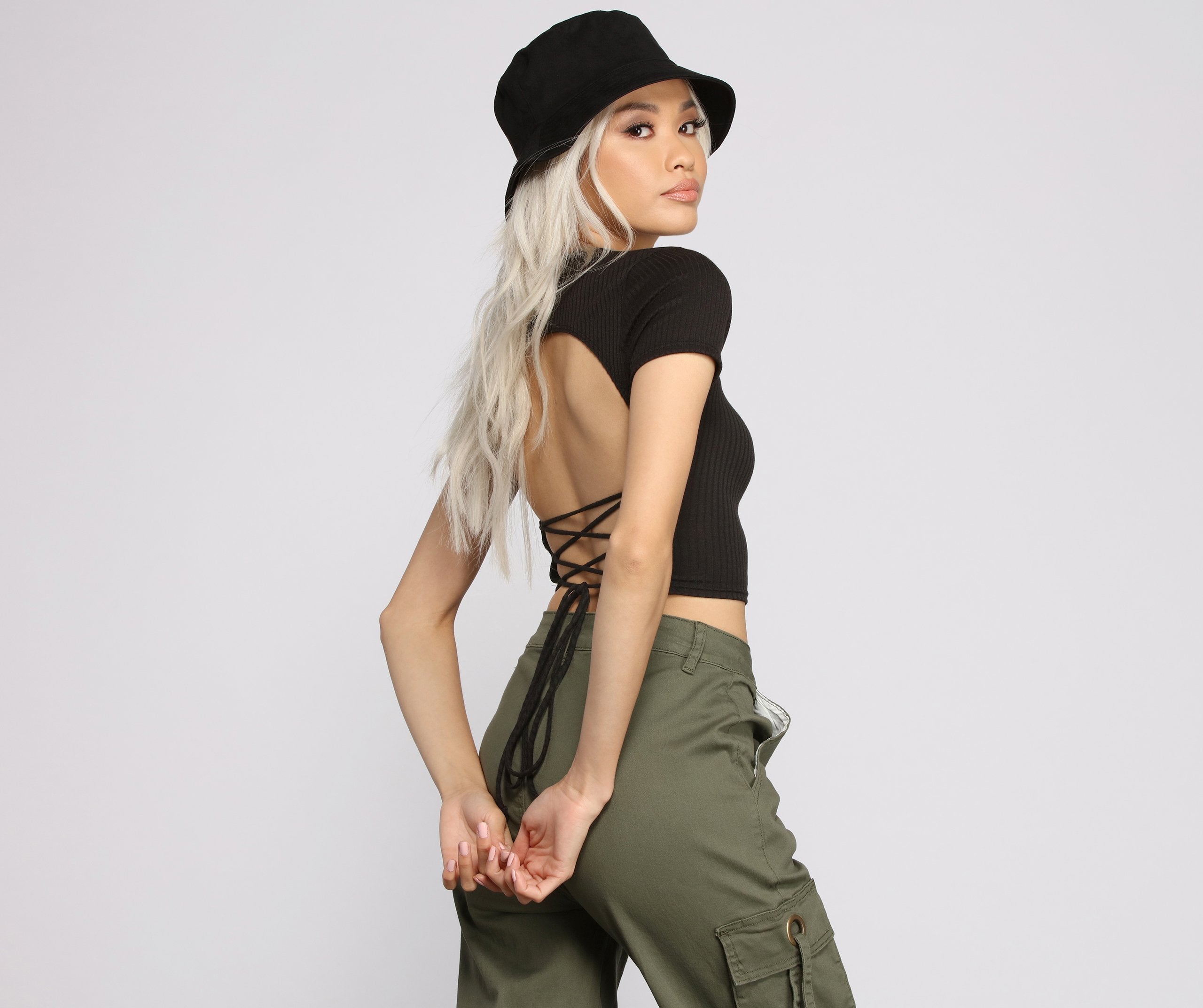 Ribbed Open Lace-Up Back Crop Top