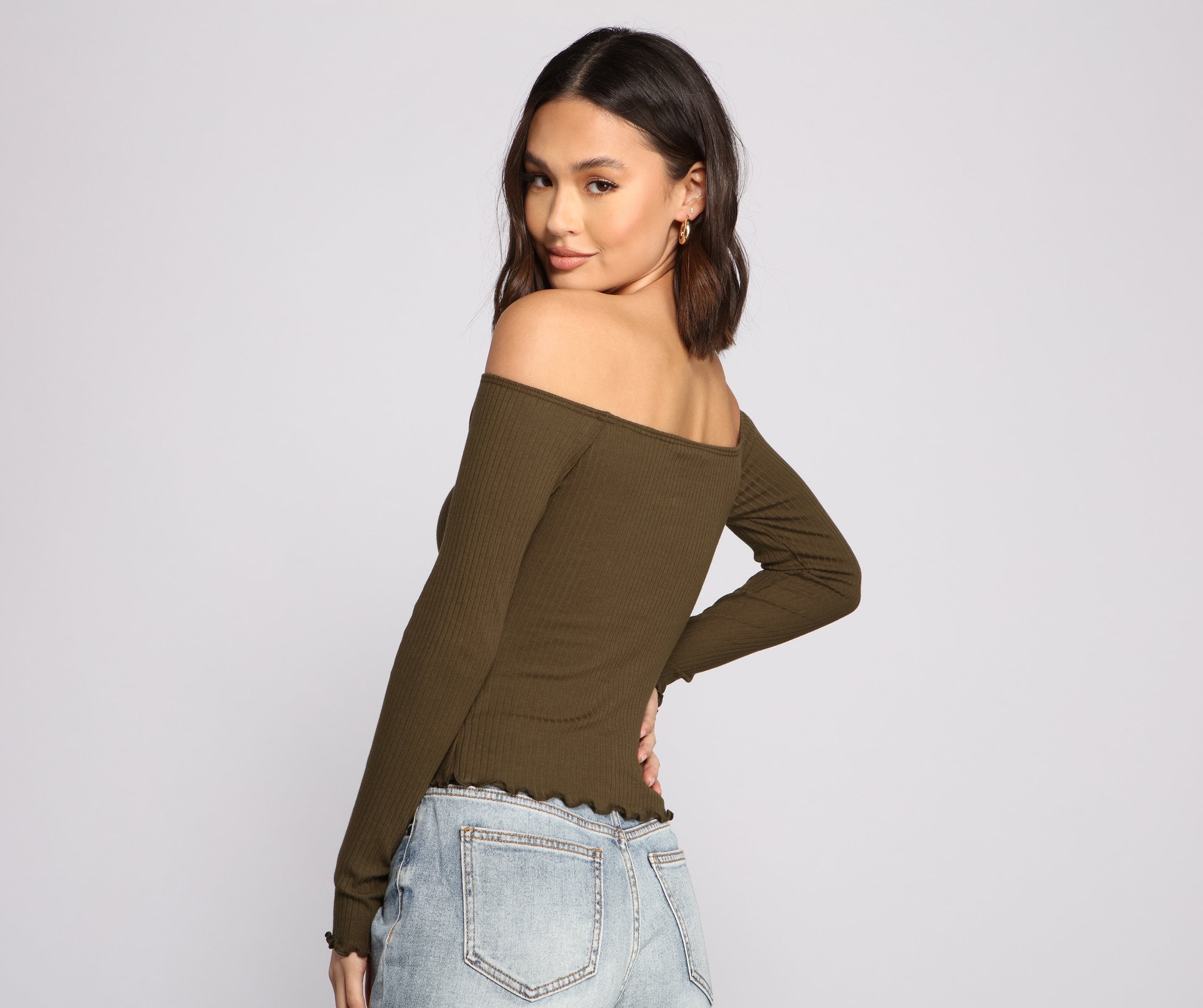 Off The Shoulder Long Sleeve Ribbed Knit Top