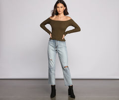 Off The Shoulder Long Sleeve Ribbed Knit Top