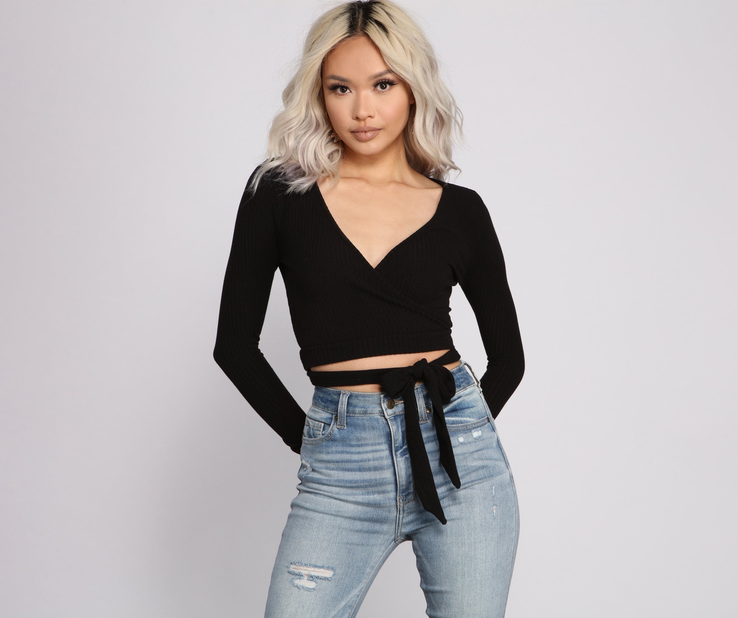 Basic Ribbed Knit Tie Waist Top