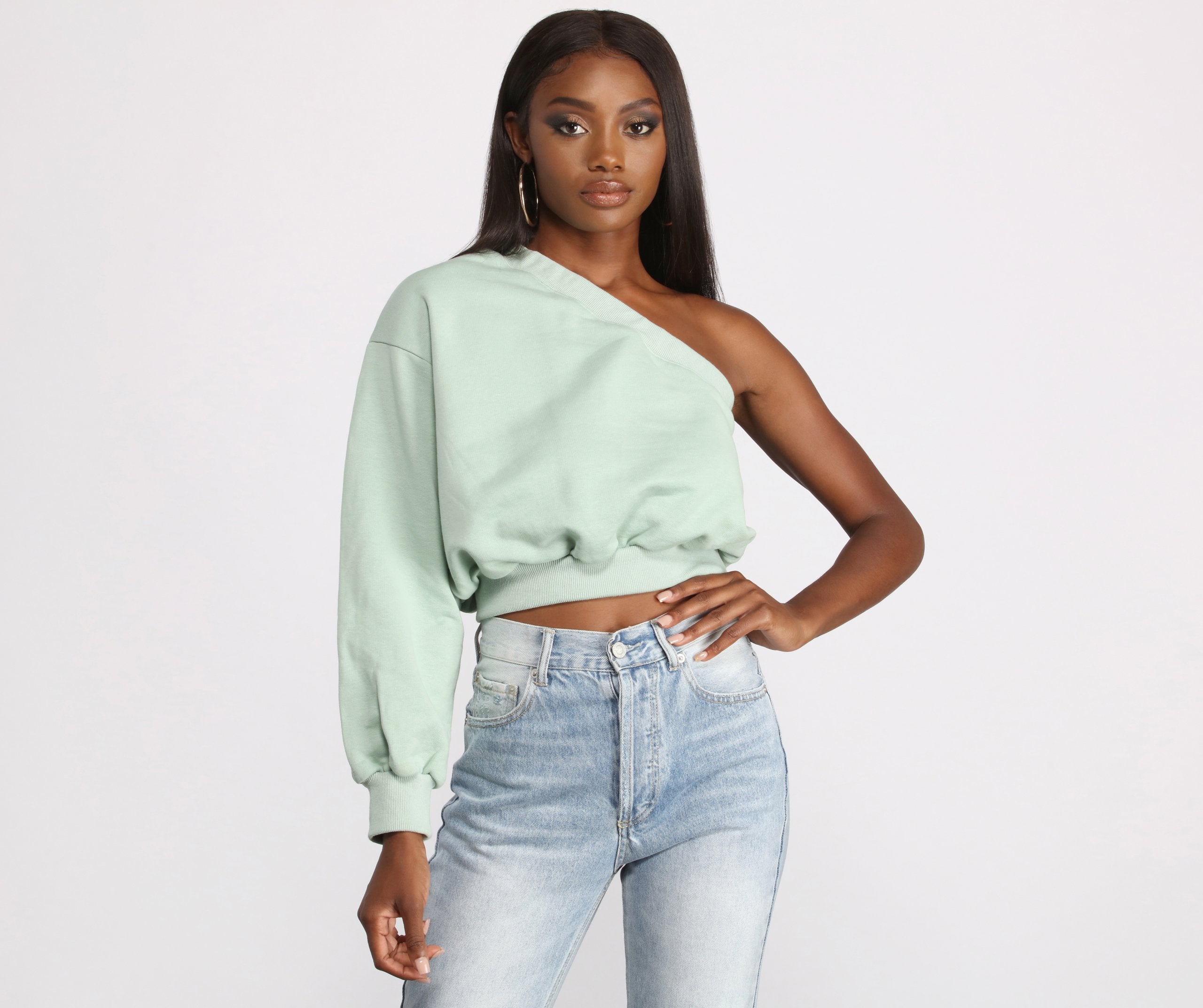 Basic One Shoulder Neckline Sweatshirt Top