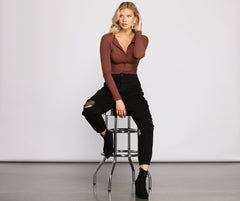 Button-Front Ribbed Knit Henley Top