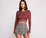 Ribbed Tie Back Lace Hem Crop Top