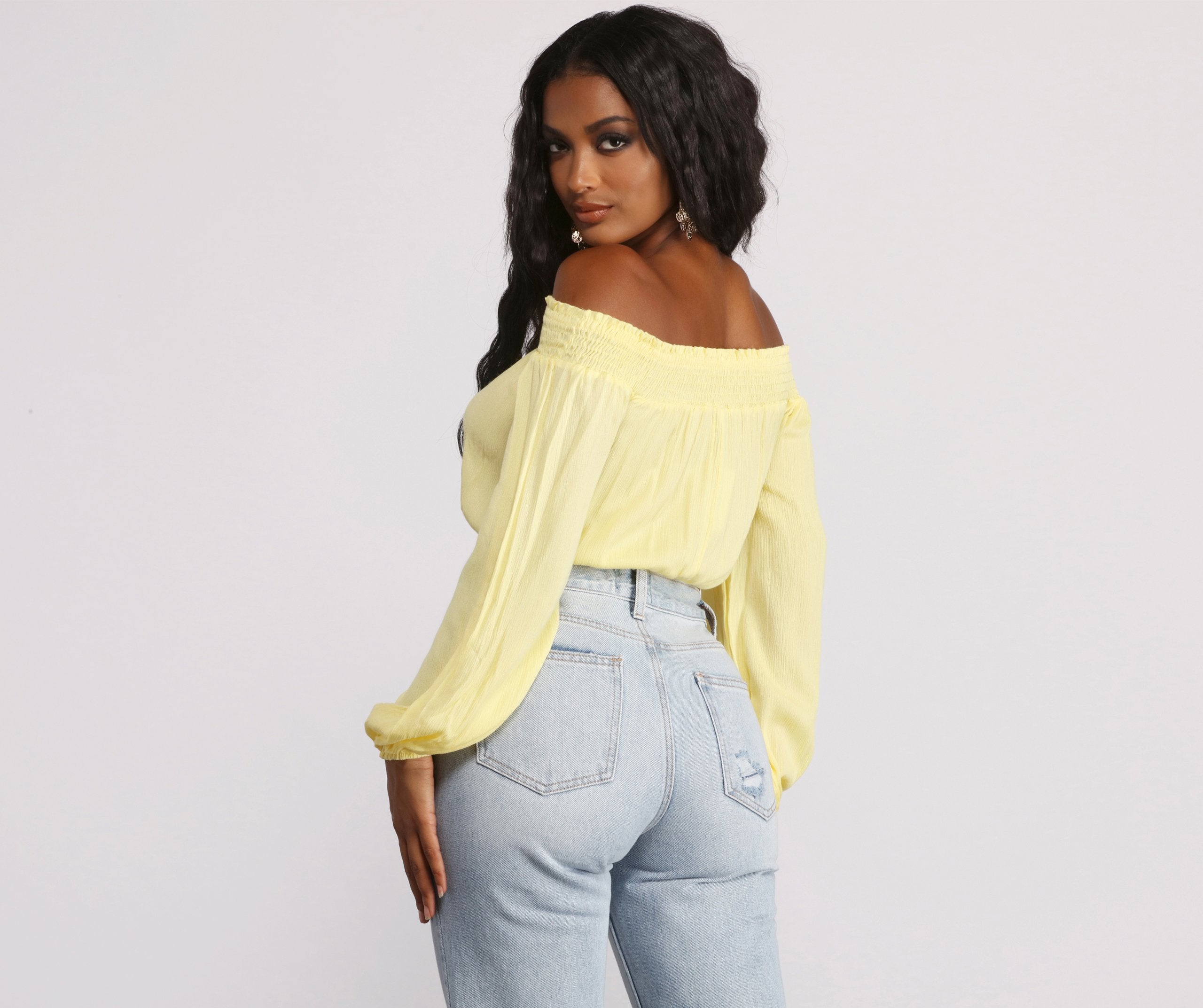 Off The Shoulder Long Sleeve Gauze Crop Top