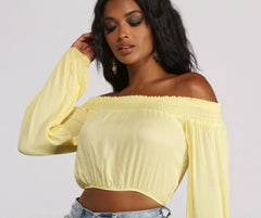 Off The Shoulder Long Sleeve Gauze Crop Top