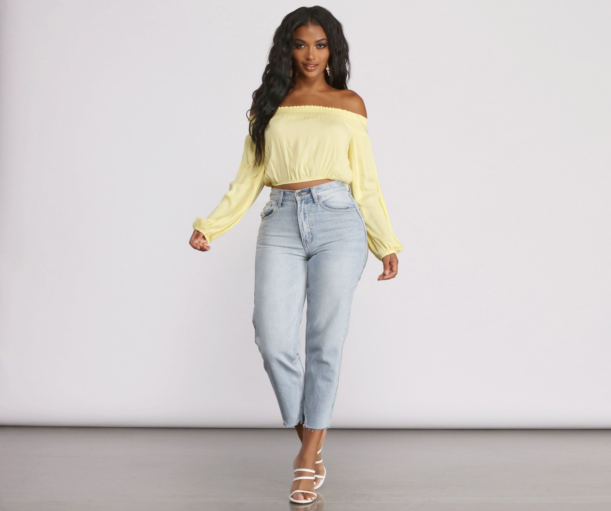 Off The Shoulder Long Sleeve Gauze Crop Top