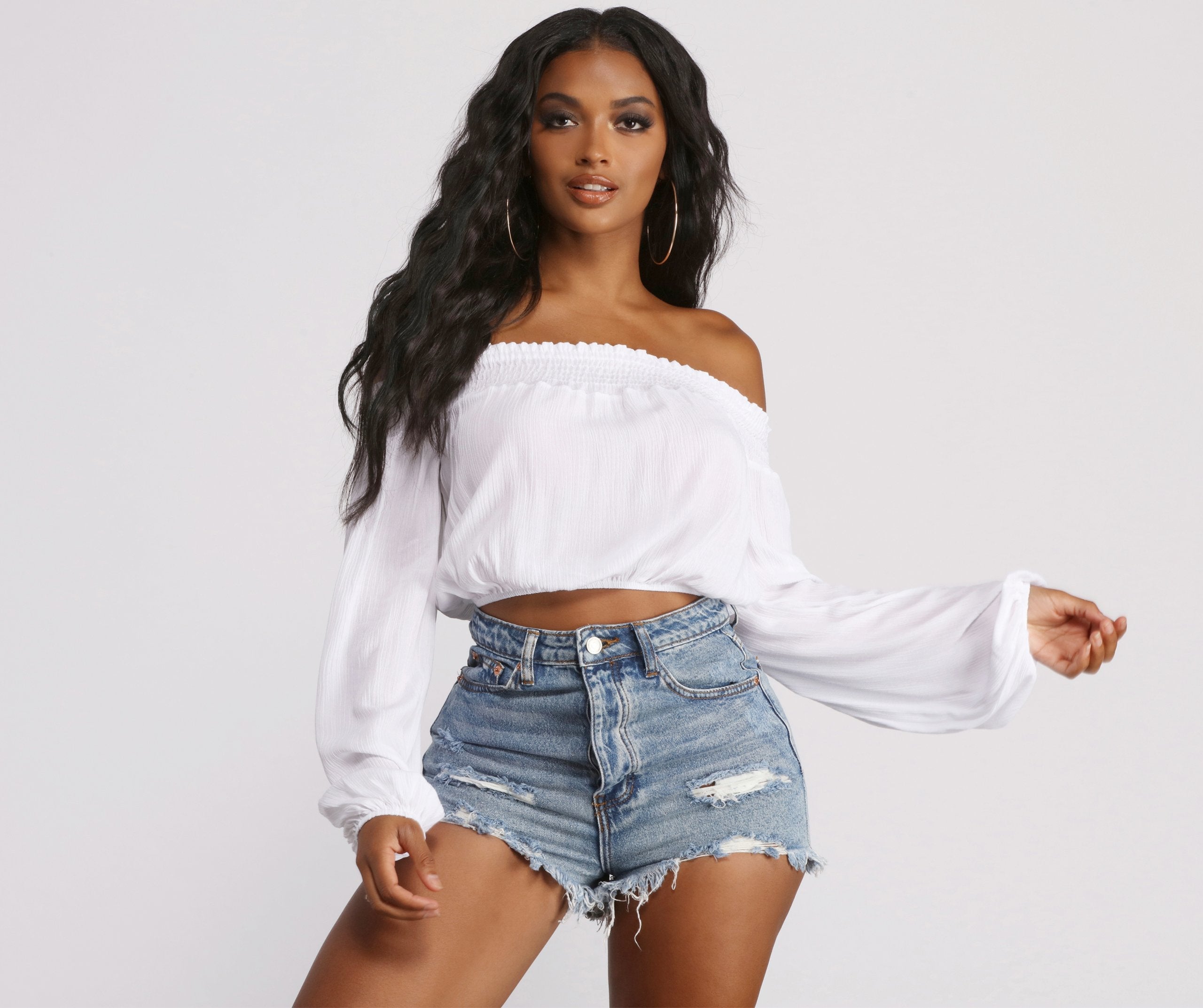 Off The Shoulder Long Sleeve Gauze Crop Top