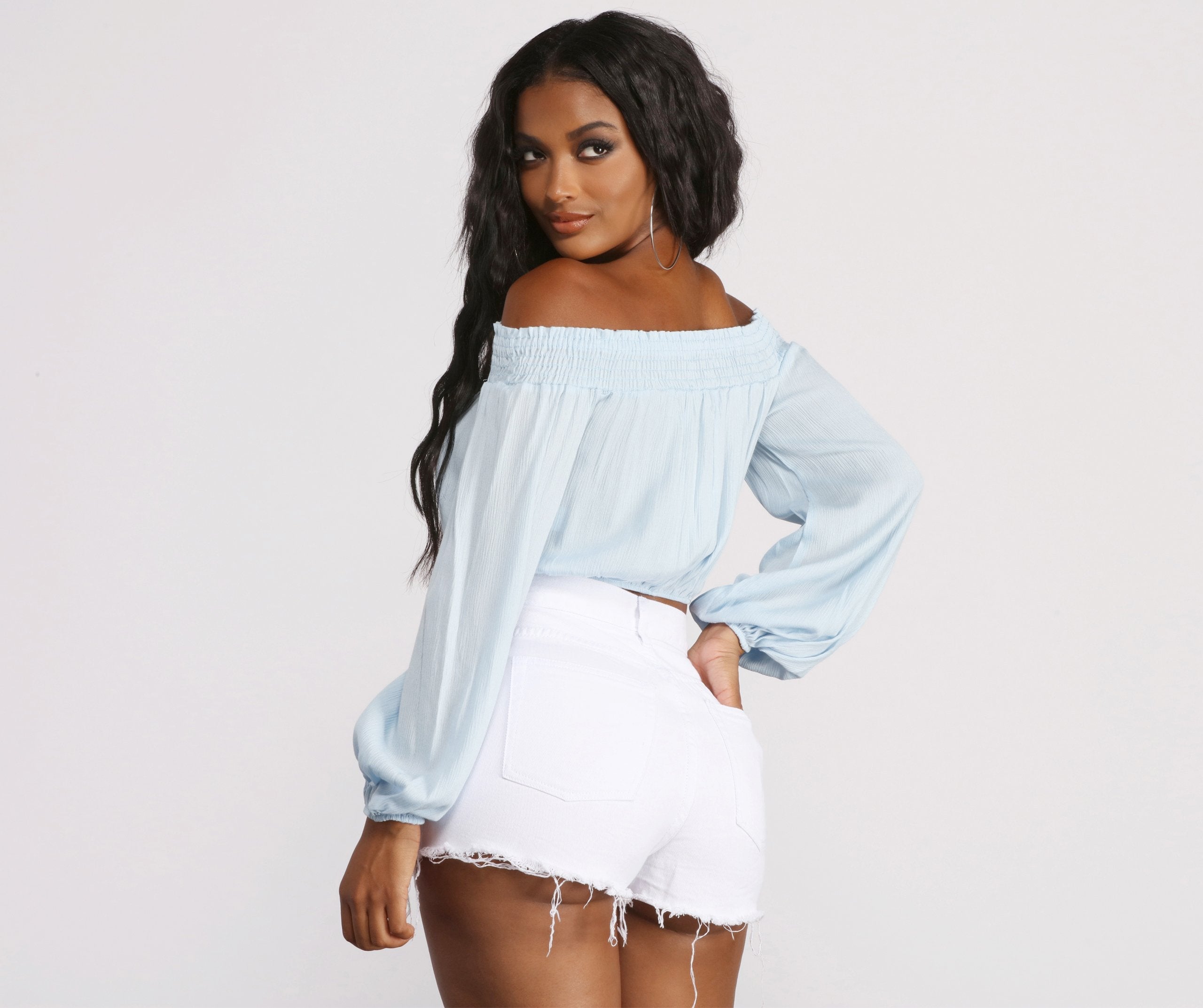 Off The Shoulder Long Sleeve Gauze Crop Top