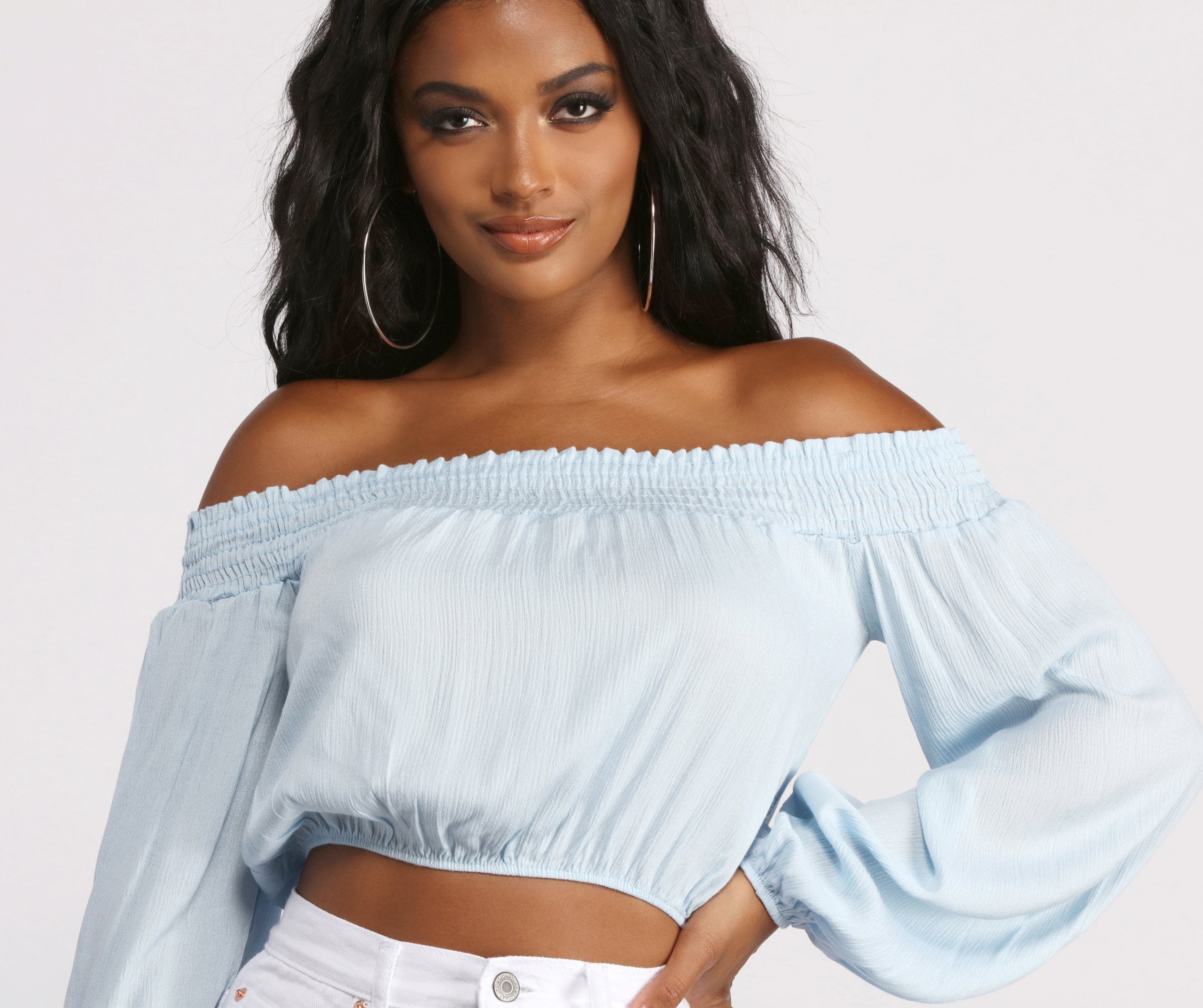 Off The Shoulder Long Sleeve Gauze Crop Top