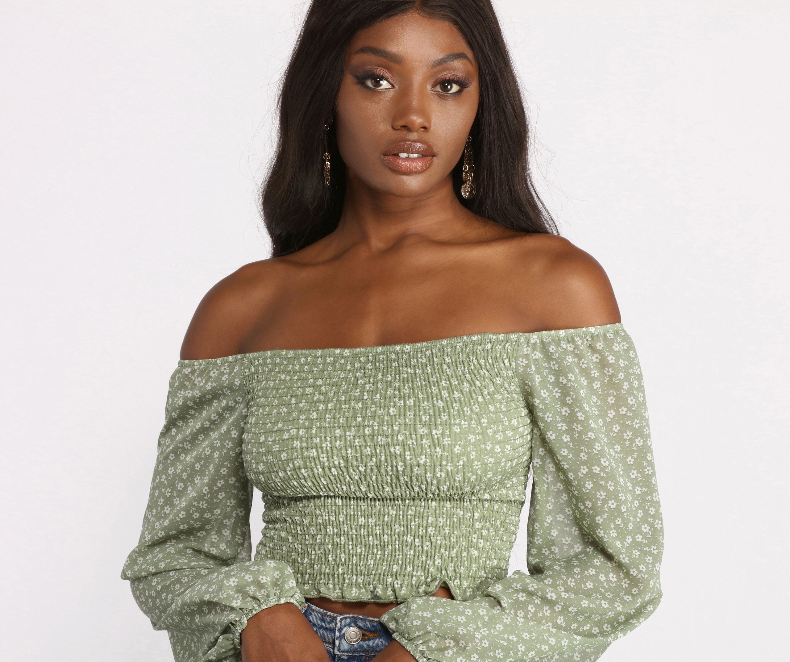 Off The Shoulder Chiffon and Smocked Ditsy Print Top