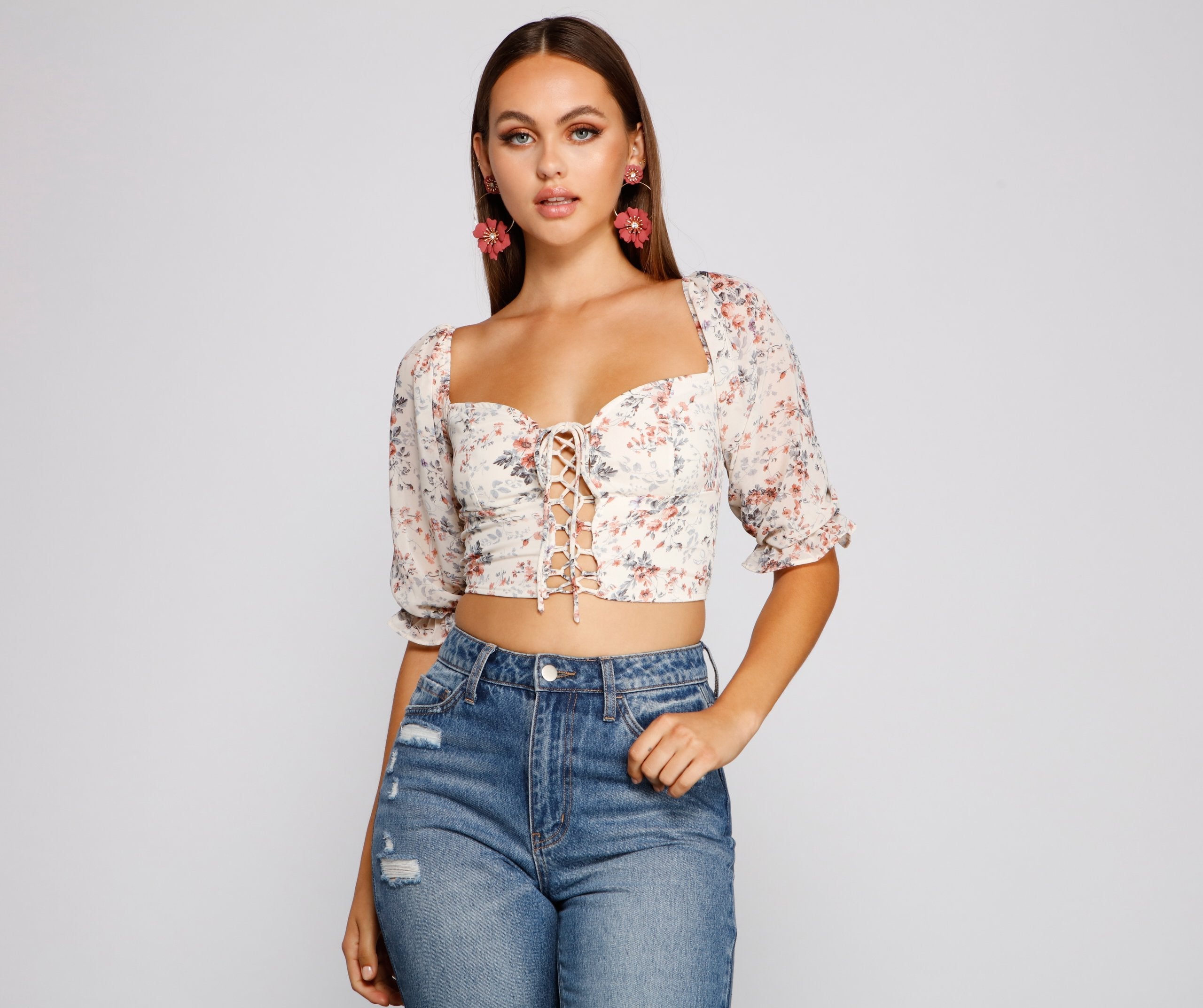 Darling Glam Floral Lace-Up Crop Top