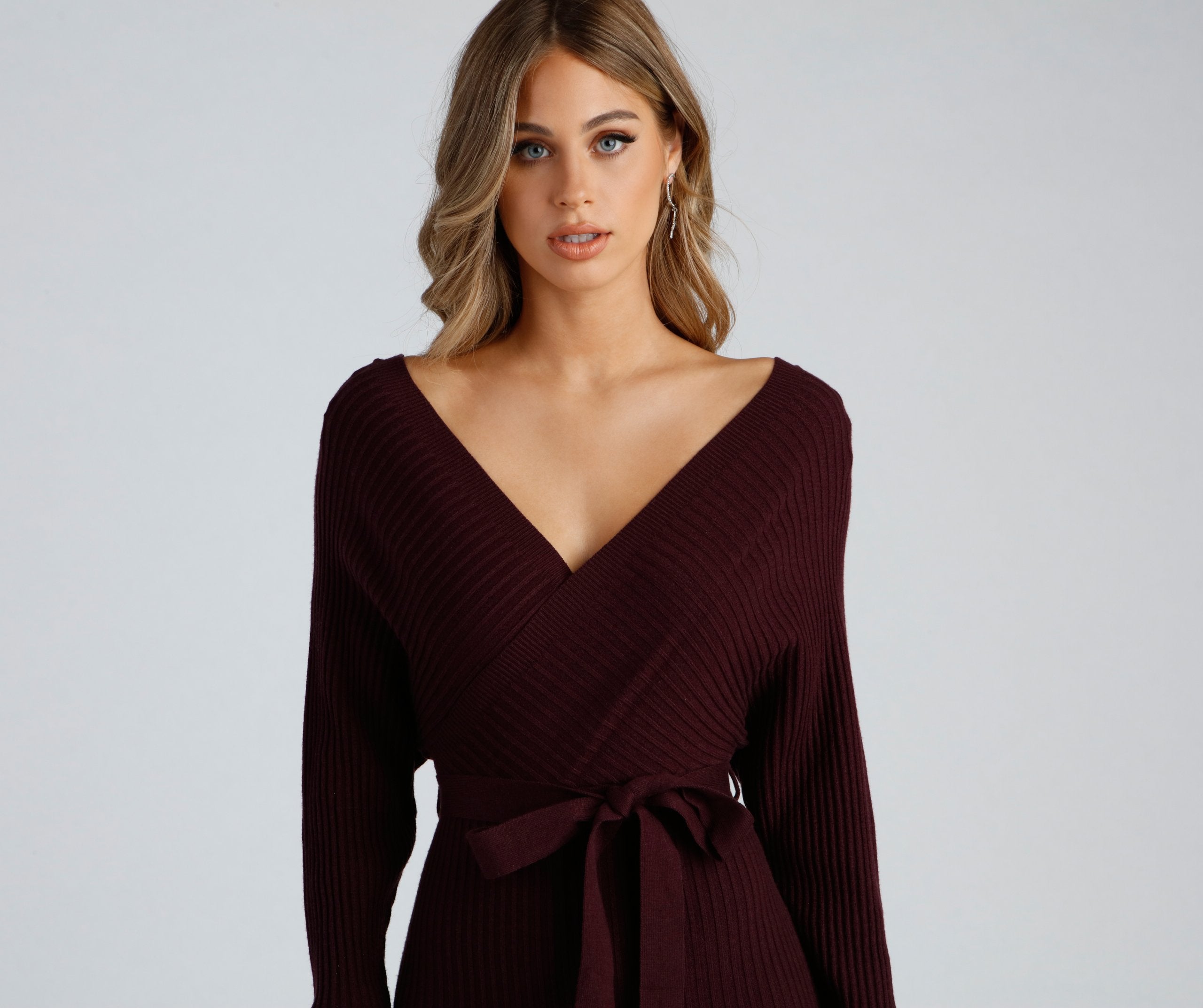 Ribbed Knit Tie-Front Mini Sweater Dresses