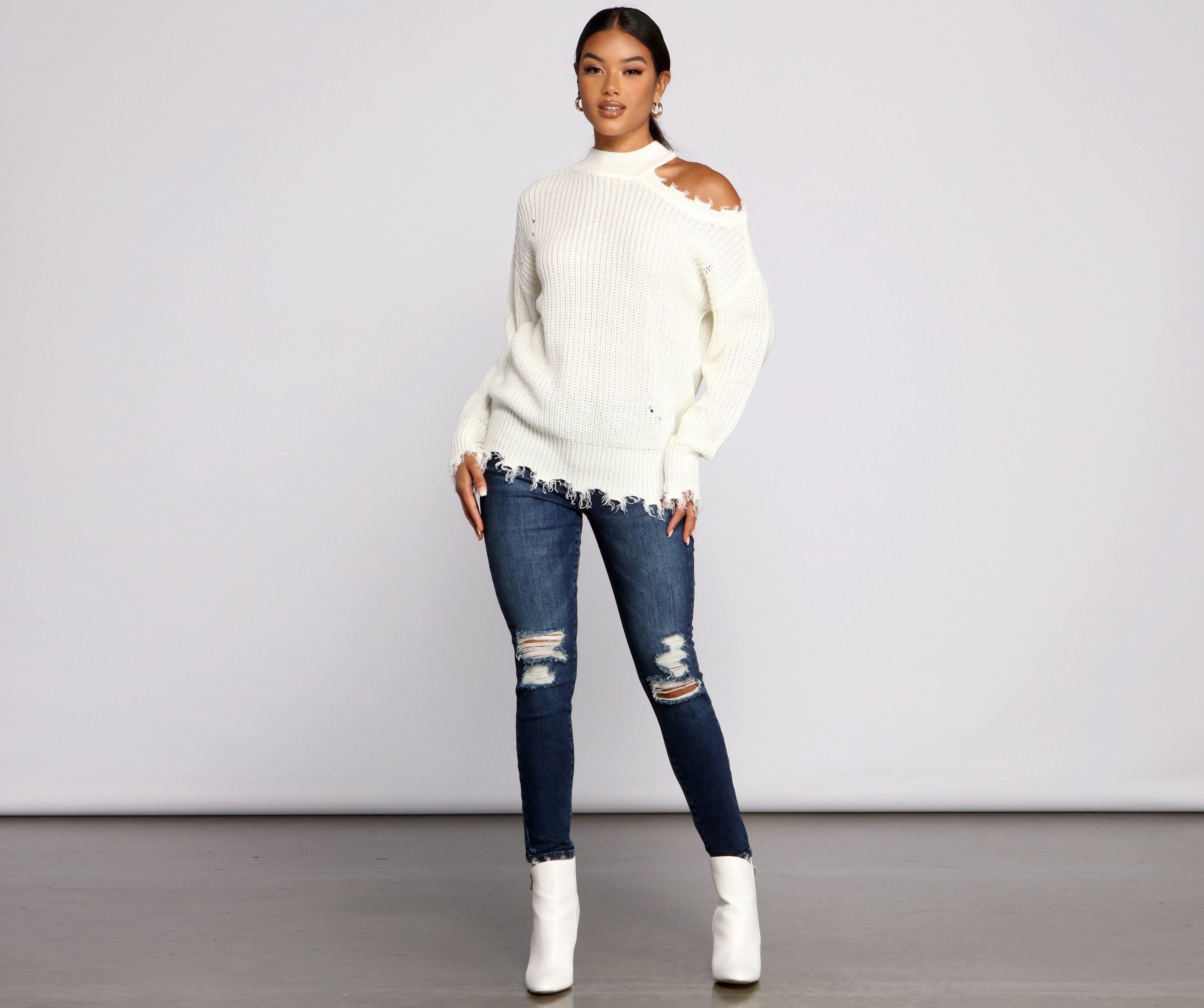 Distressed Cold Shoulder Crew Neck Sweater