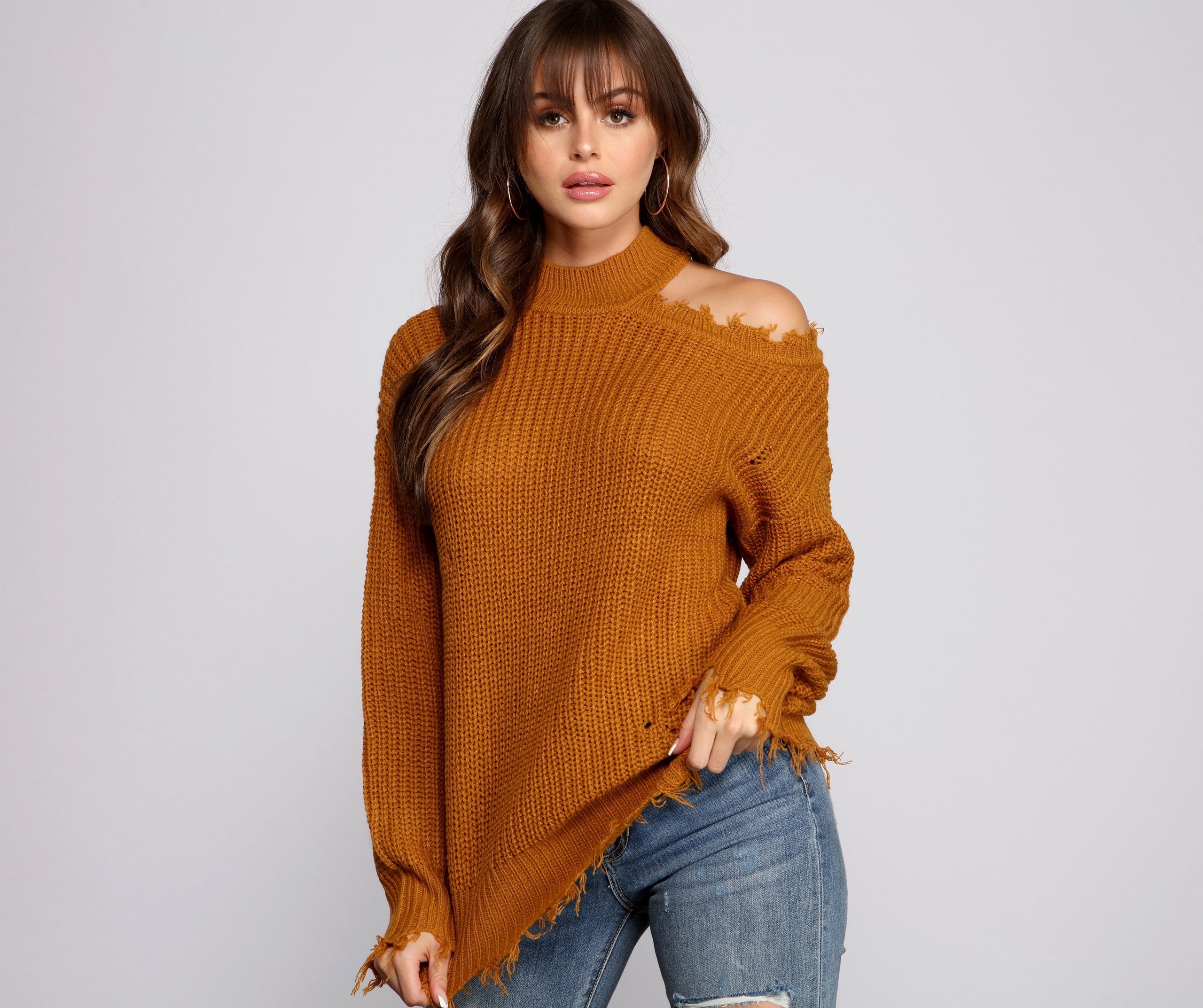 Distressed Cold Shoulder Crew Neck Sweater
