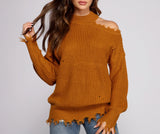 Distressed Cold Shoulder Crew Neck Sweater