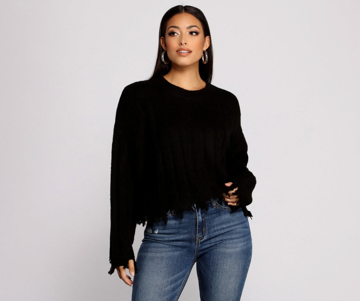 Destructed Knit Long Sleeve Cropped Sweater
