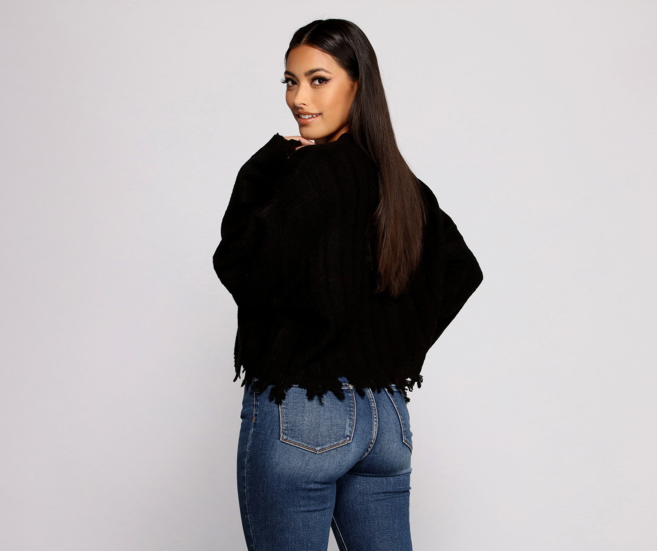 Destructed Knit Long Sleeve Cropped Sweater