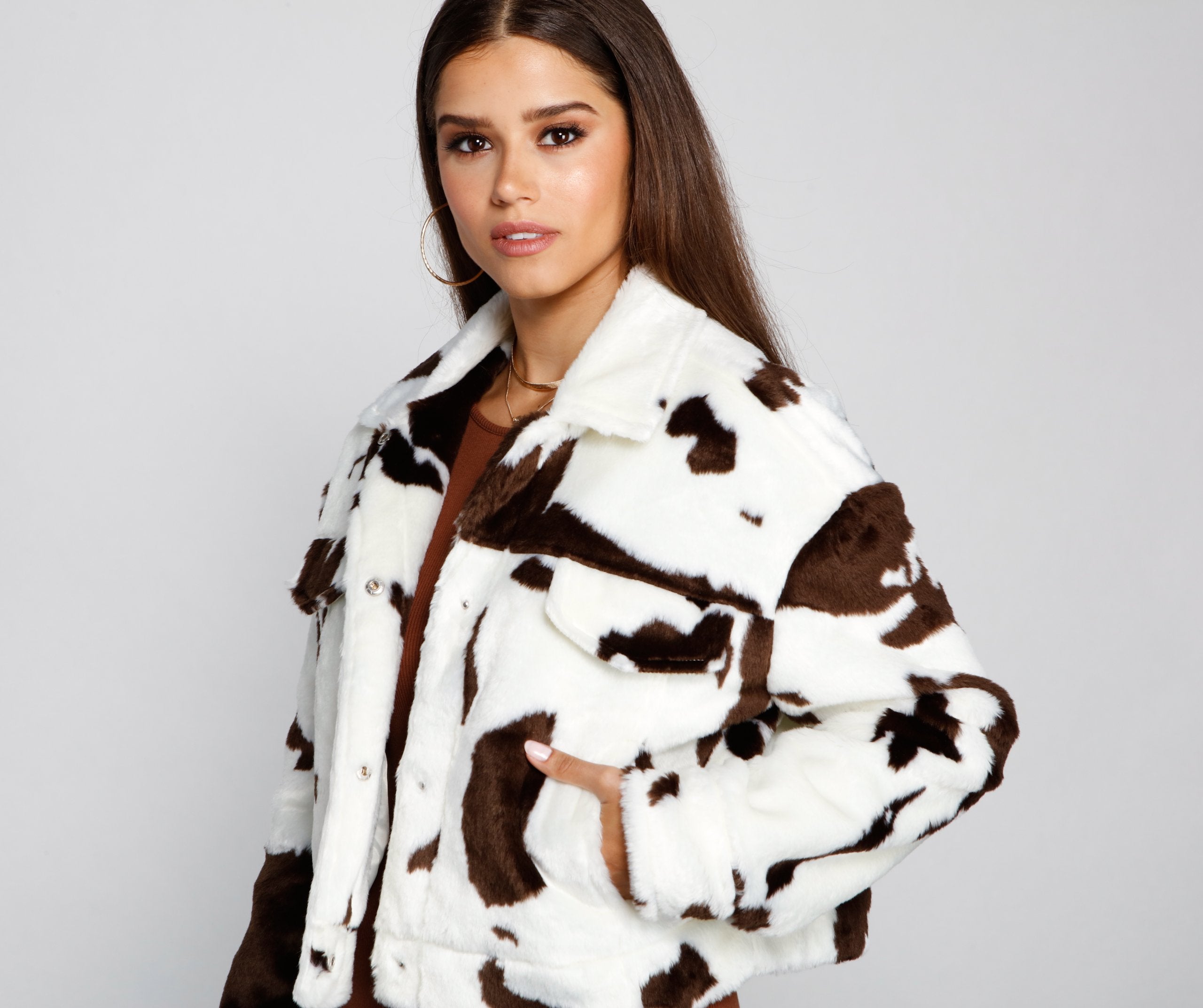 On Trend Faux Fur Cow Print Jacket