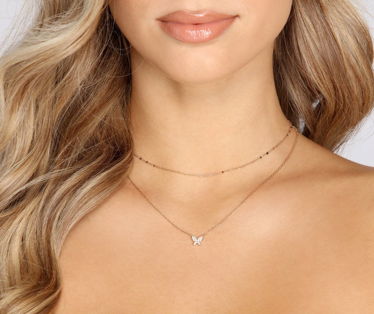 Cubic Zirconia Buttery Pendant Layered Necklace