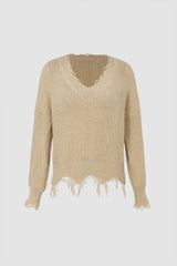 Distressed Frayed V-Neck Sweater