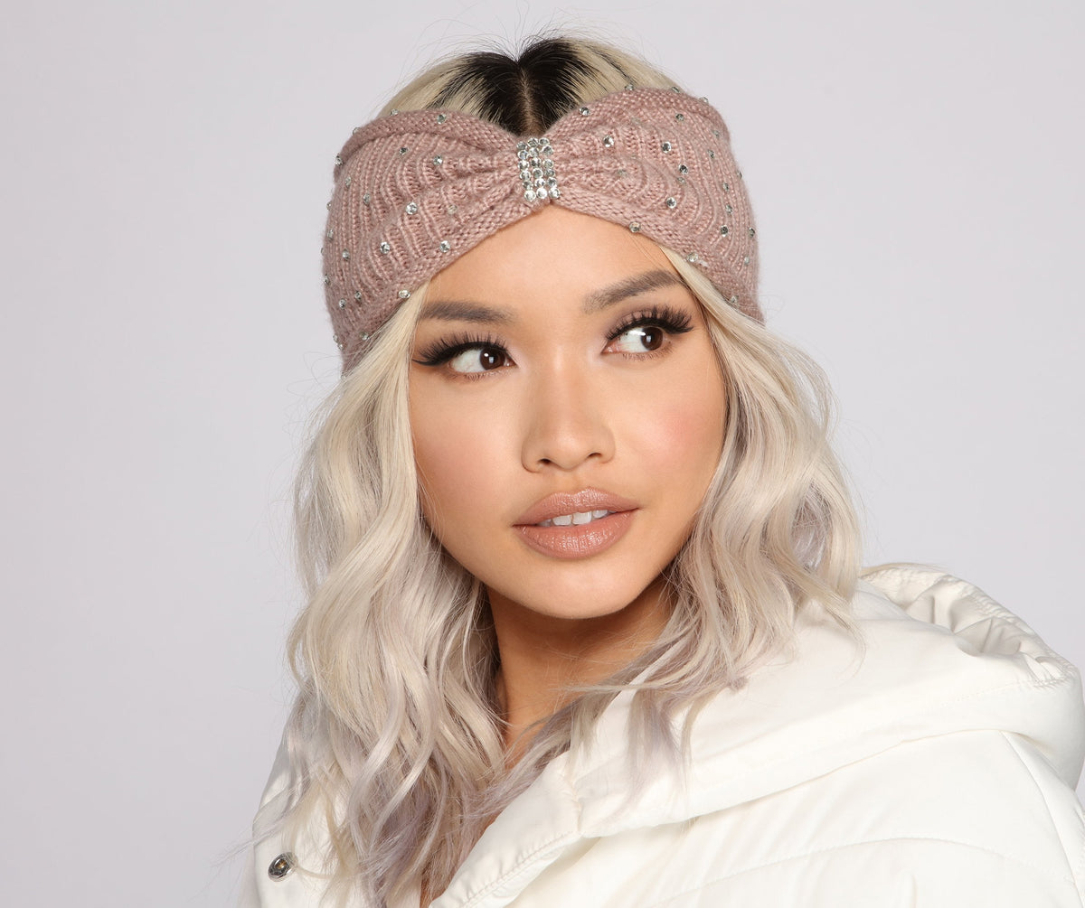 Soft Glam Rhinestone Bow Front Knit Headband