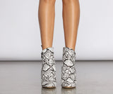 Come Thru Snake Print Clear Heeled Booties