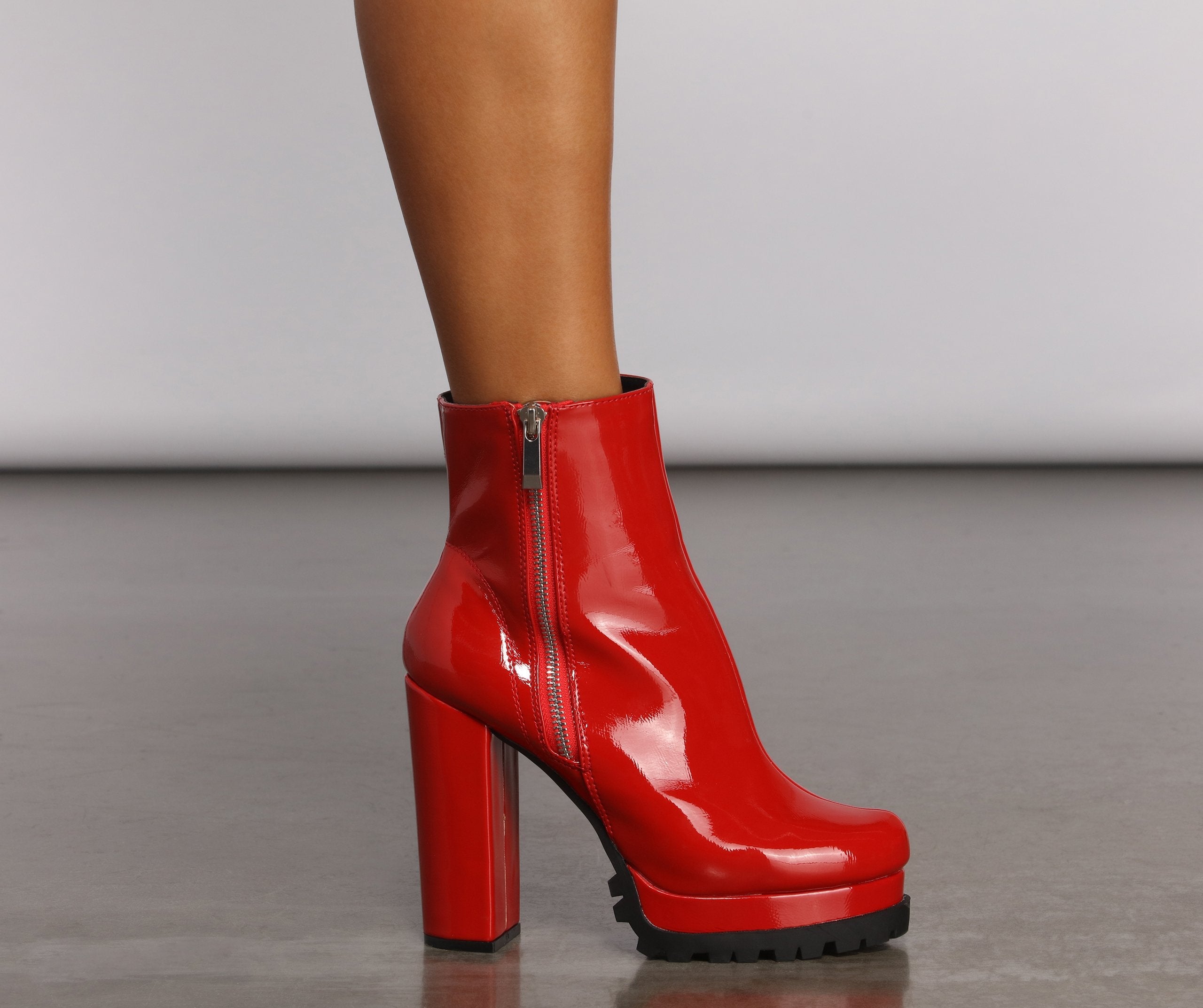 Red Hot Faux Patent Leather Lug Booties